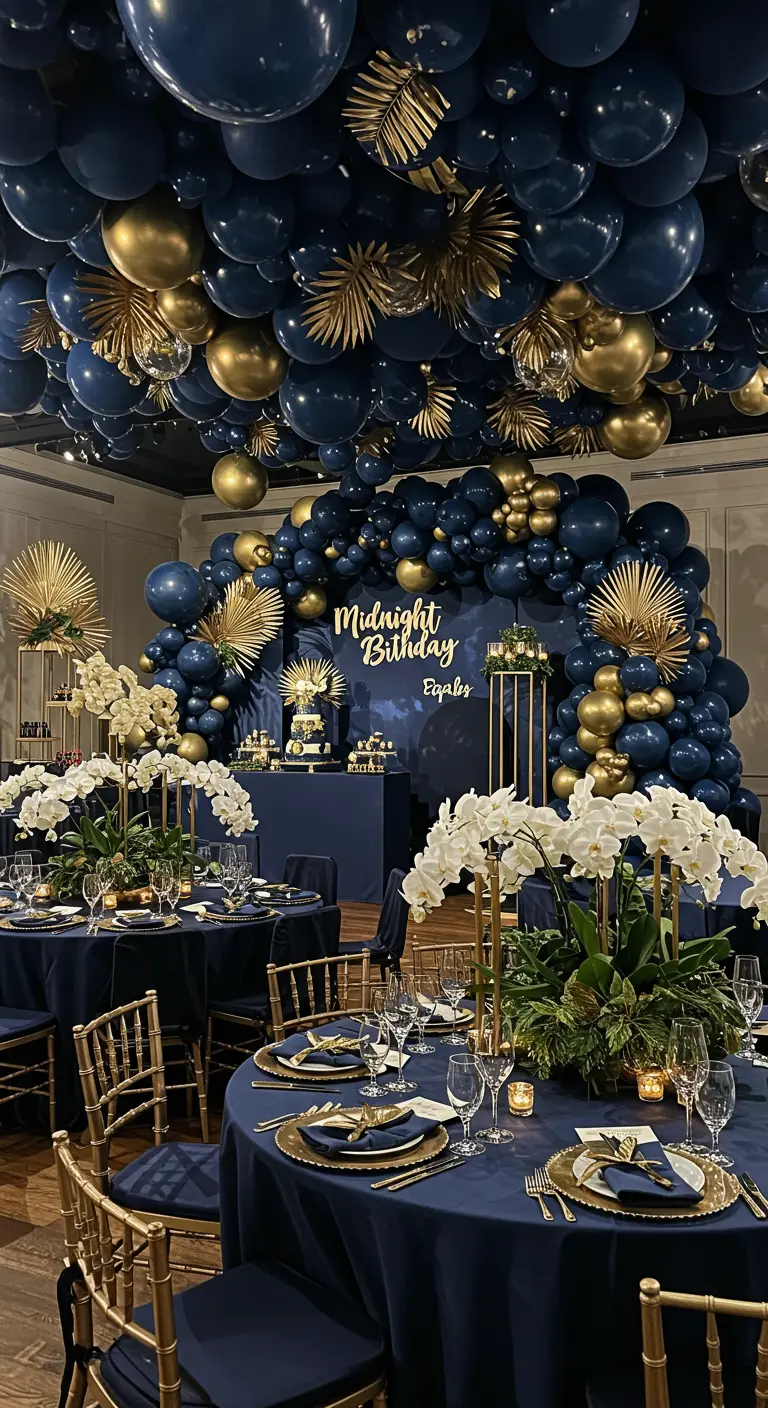 Salle de réception avec plafond de ballons bleu marine et or, et orchidées blanches.