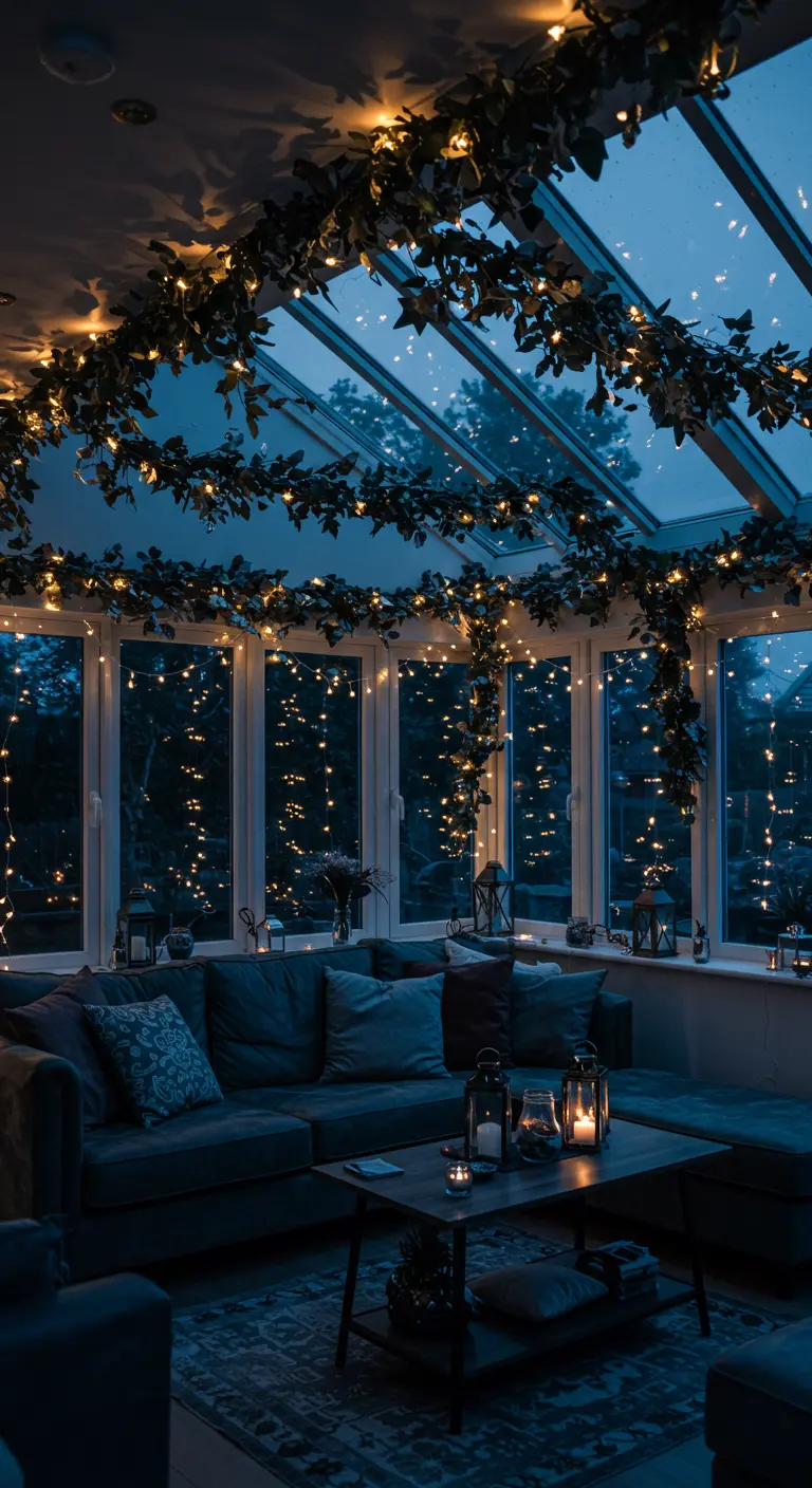 Véranda de nuit avec plafond vitré décoré de guirlandes de lierre et de lumières scintillantes.