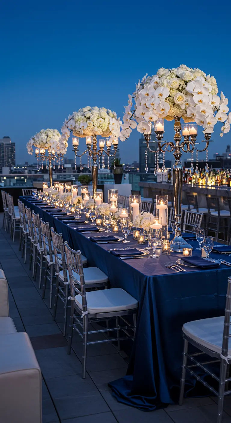 Longue table dressée sur un rooftop avec nappe bleue, hauts centres de table floraux blancs.
