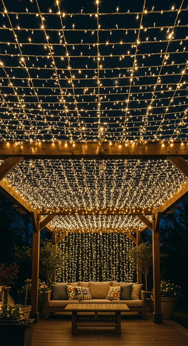 Plafond d'une pergola entièrement couvert d'un filet de guirlandes lumineuses la nuit.