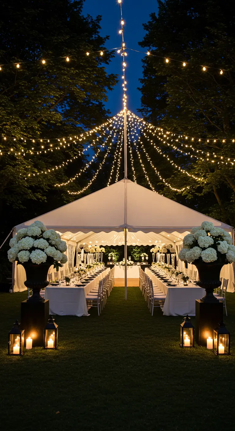 Tente de réception blanche dans un jardin, illuminée par des guirlandes.