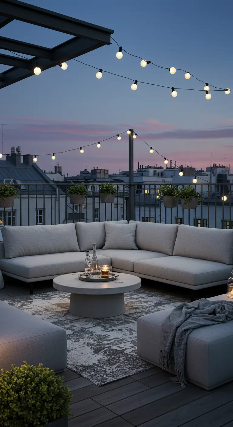 Canapé d'angle gris sur un toit-terrasse au crépuscule, éclairé par des guirlandes.