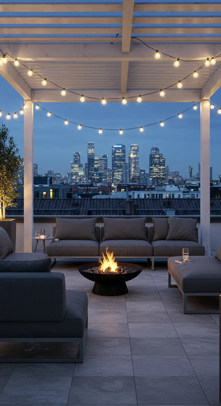 Pergola blanche sur un toit-terrasse avec des guirlandes lumineuses et un braséro.