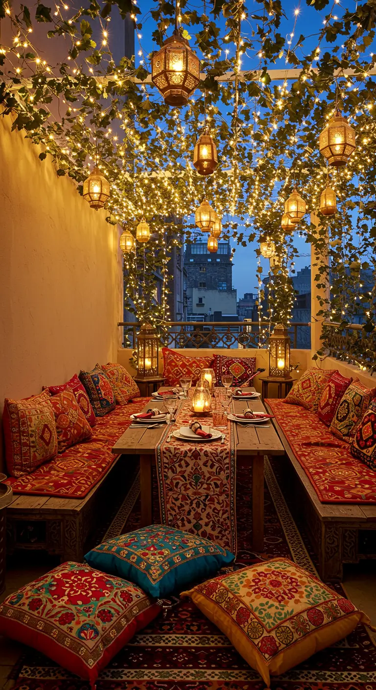 Balcon la nuit avec un plafond de guirlandes lumineuses et de lierre.
