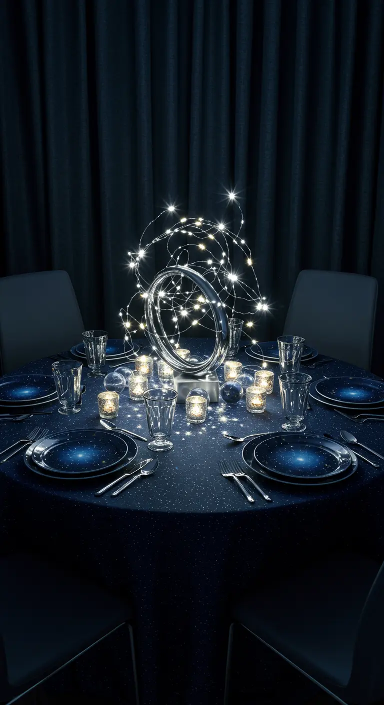 Table de fête ronde sur le thème de l'espace avec une vaisselle étoilée et une sculpture lumineuse au centre.