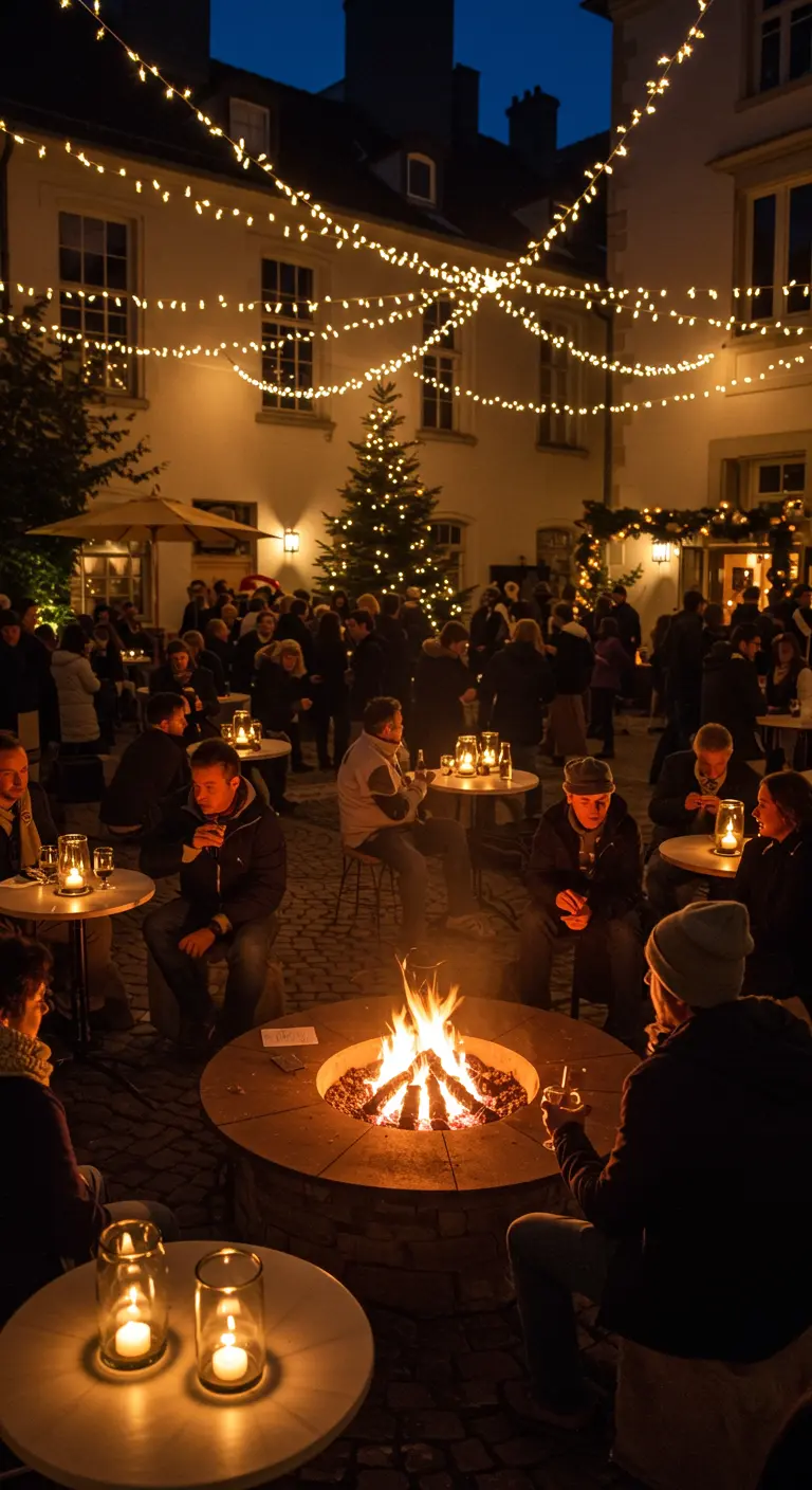 Soirée en extérieur avec des guirlandes guinguette et un grand brasero central.