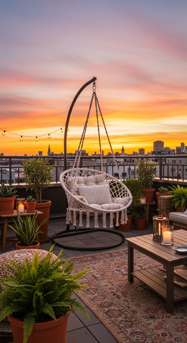 Fauteuil suspendu en macramé sur un toit-terrasse au coucher du soleil.