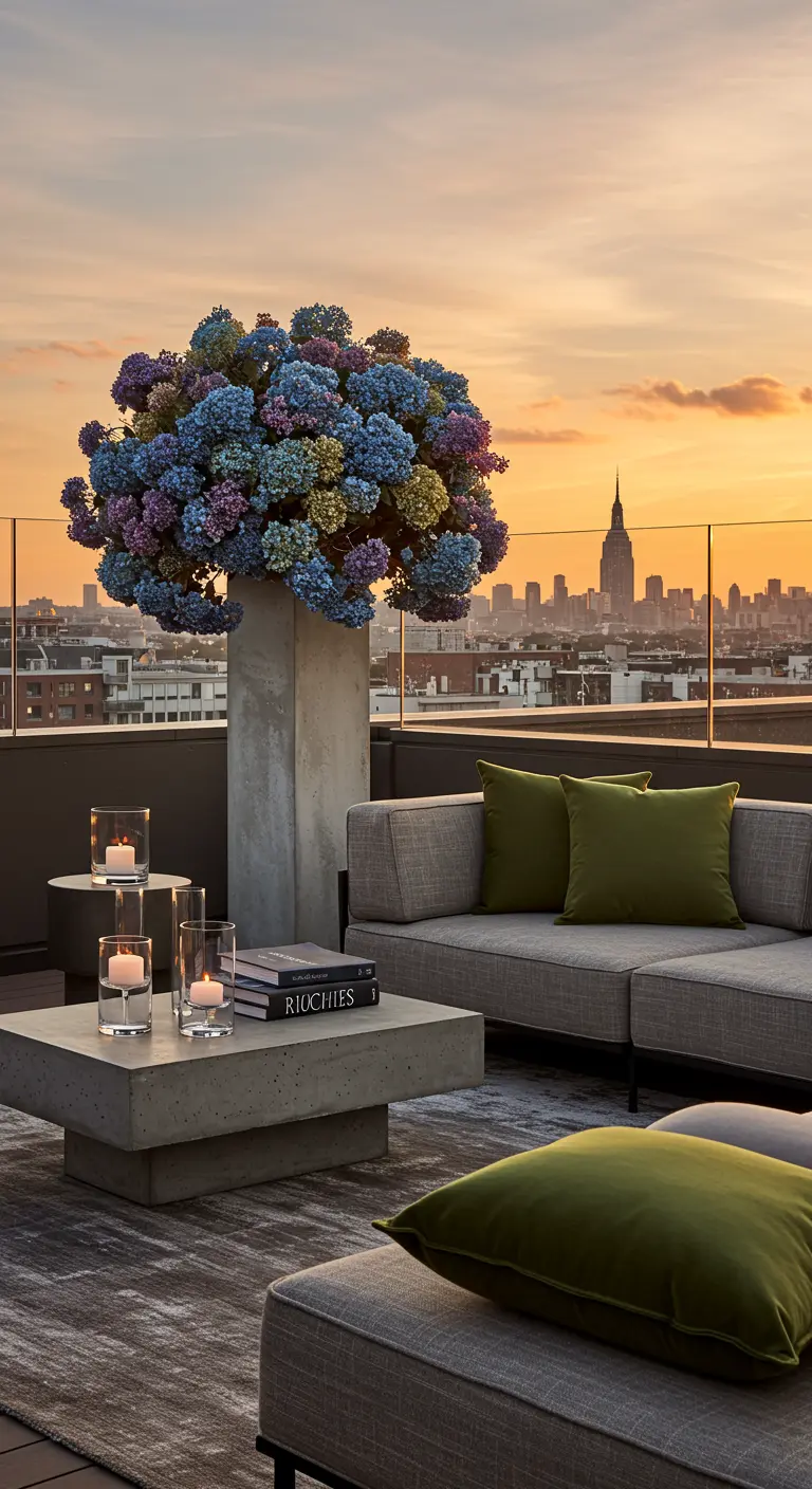 Toit-terrasse avec canapé gris, tables en béton et un grand vase d'hortensias colorés.