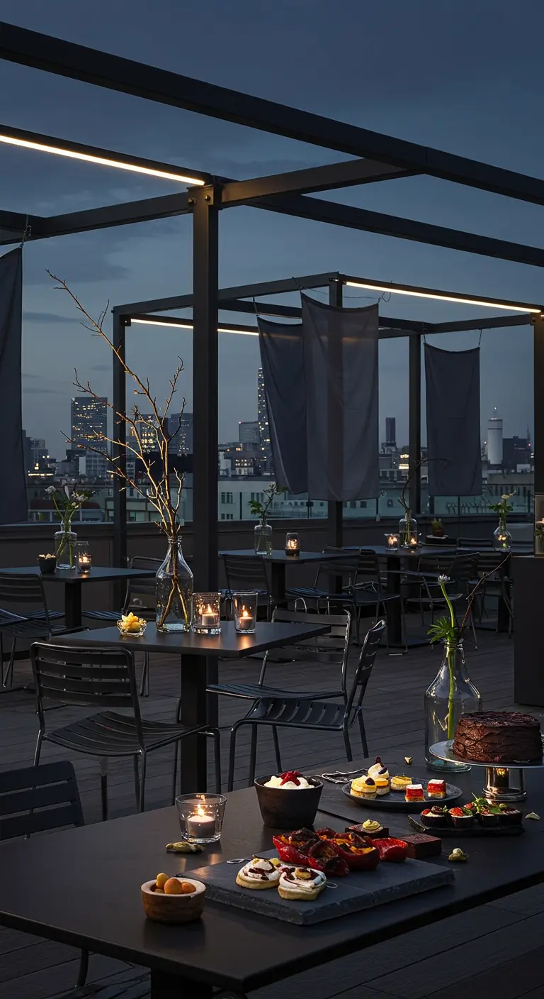 Dîner sur un toit-terrasse avec vue sur la ville, tables sombres et bougies.