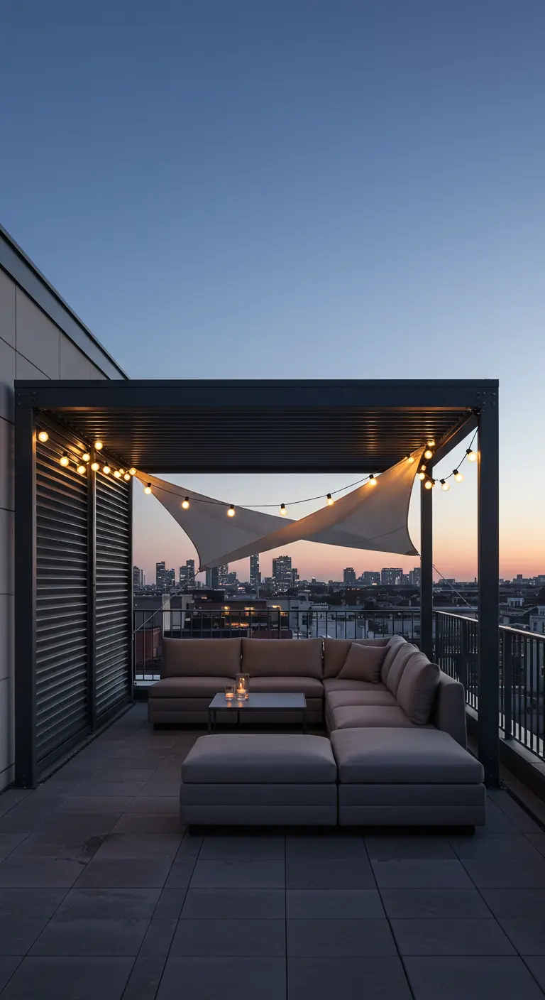 Pergola moderne sur un toit-terrasse avec un canapé d'angle au coucher du soleil.