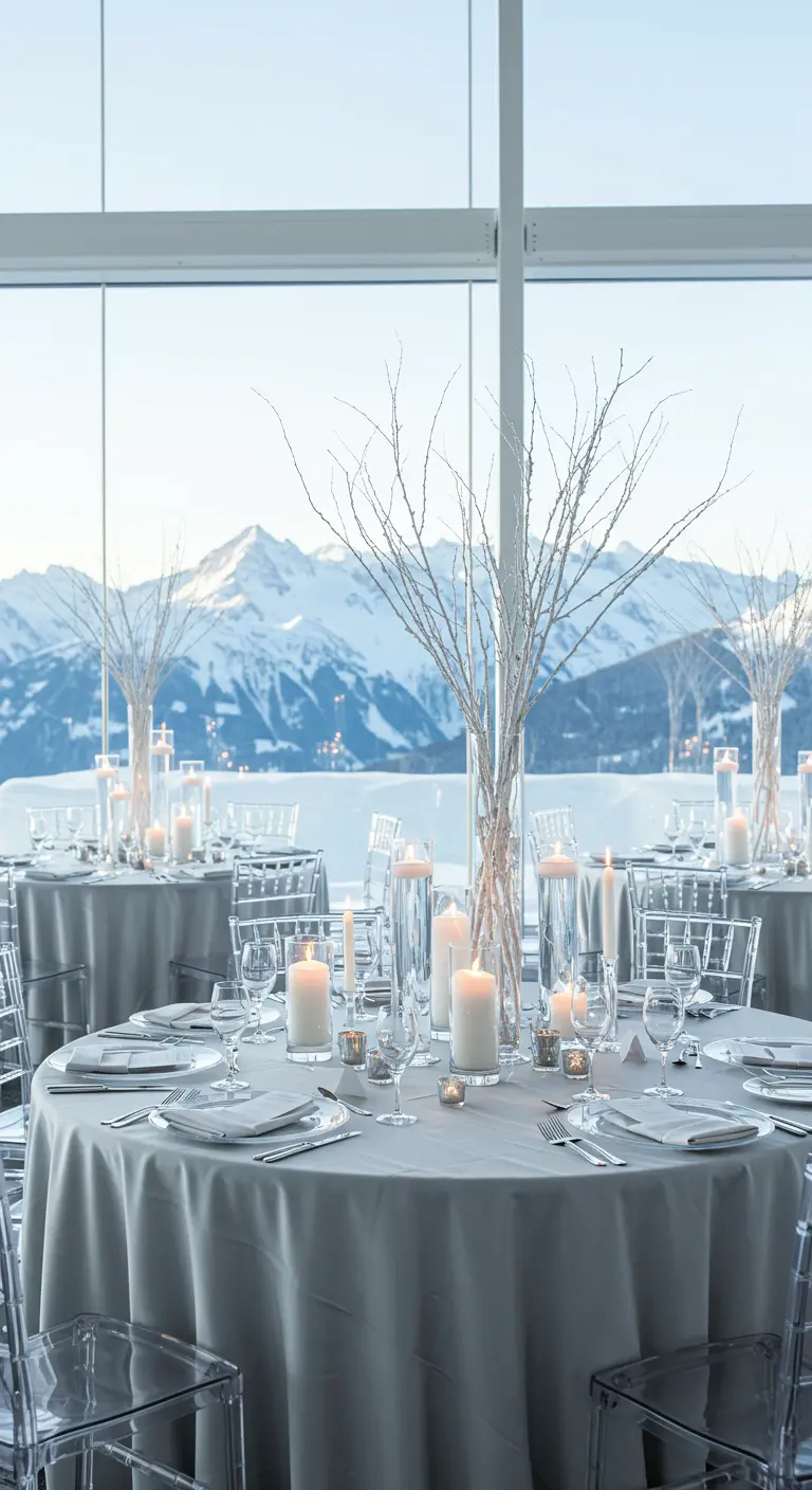 Table de mariage grise et blanche avec vue sur des montagnes enneigées à travers une baie vitrée.