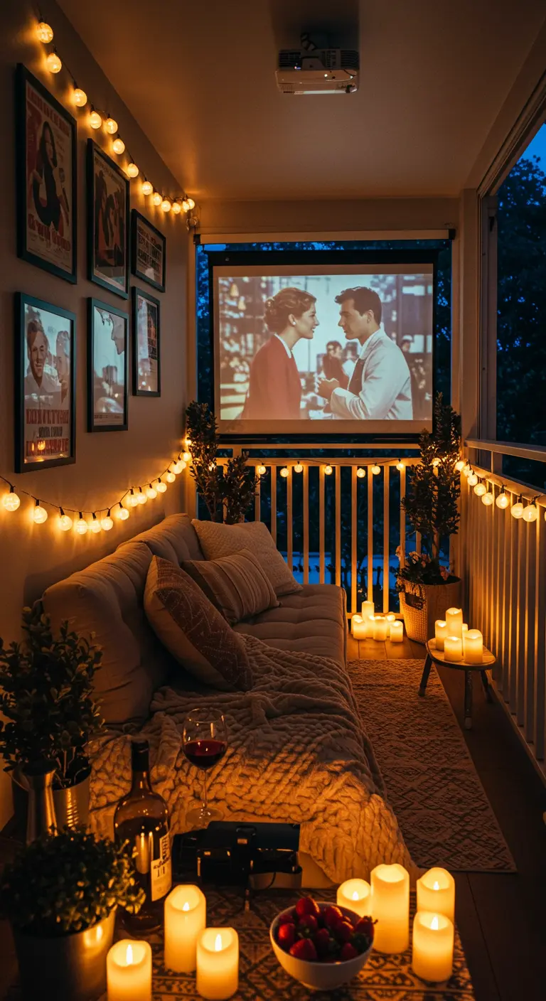 Projection de film romantique sur un balcon cosy avec guirlandes lumineuses et bougies.