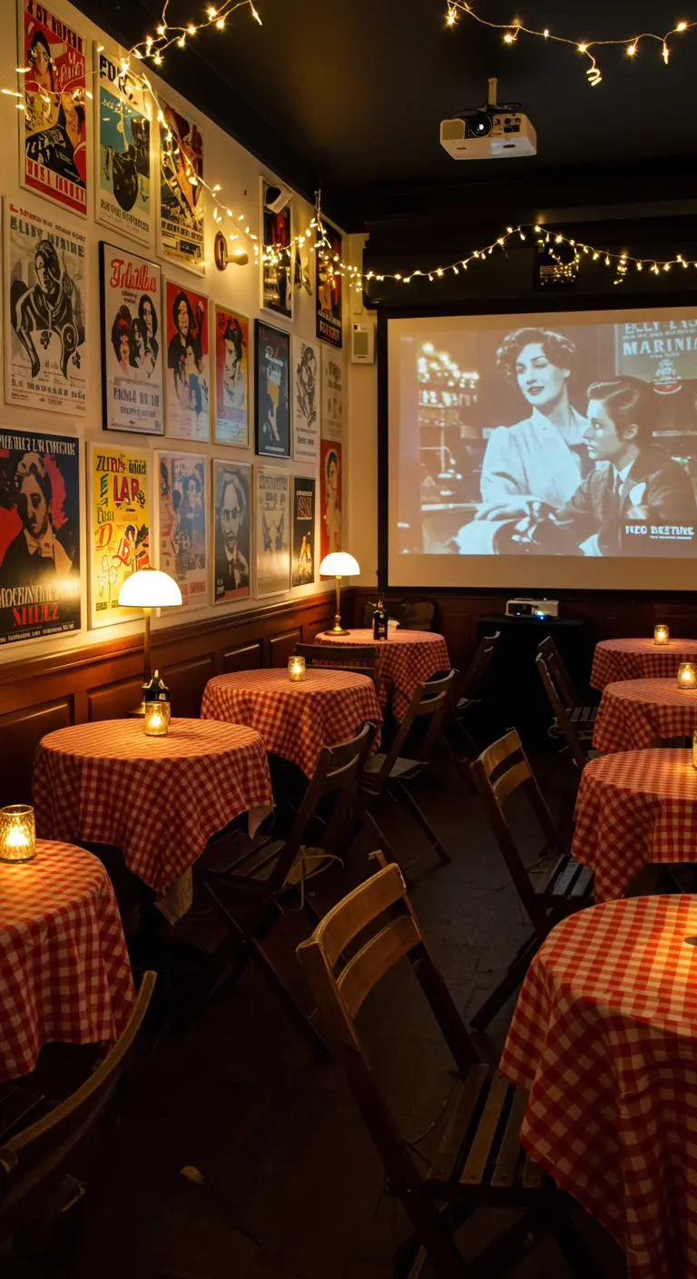 Petite salle de projection style bistrot avec tables à nappes à carreaux et mur d'affiches.