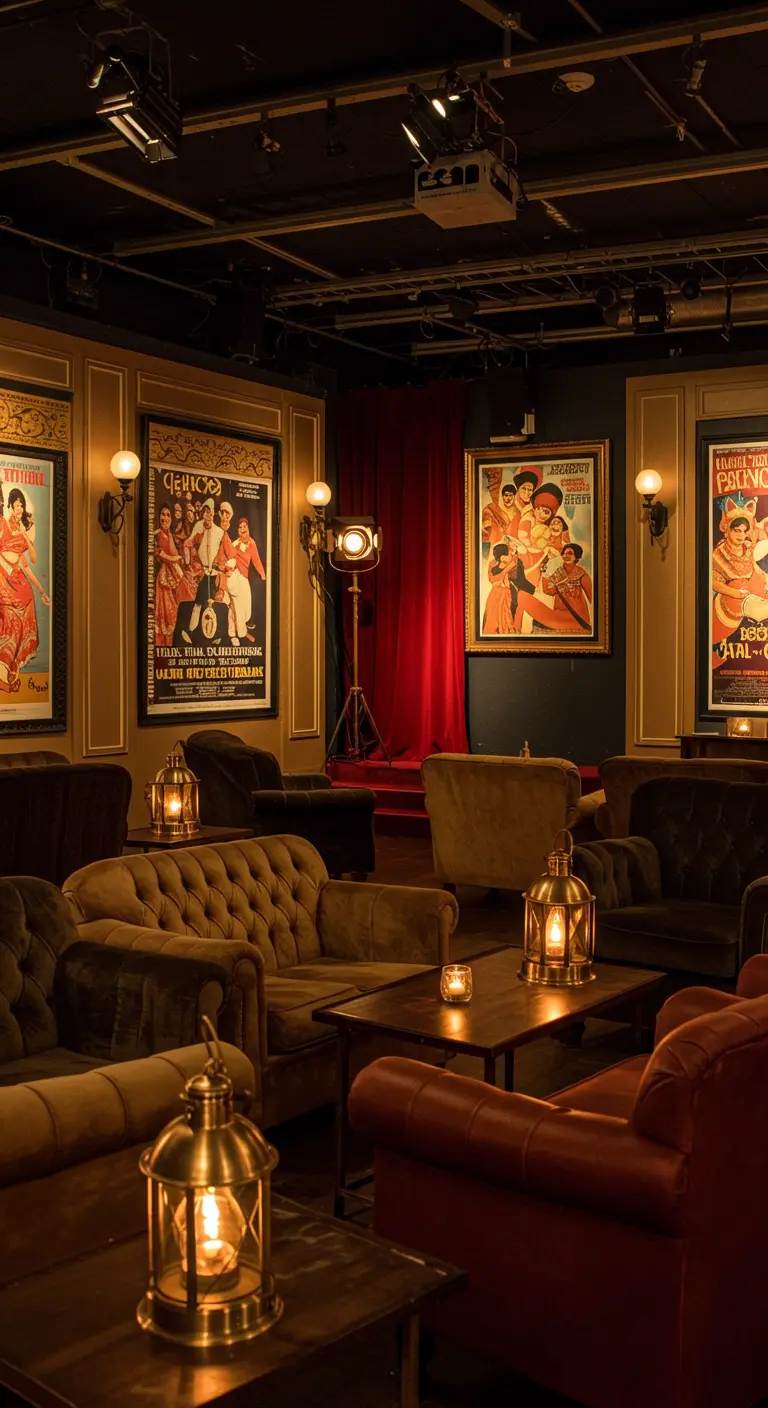 Coin salon aménagé en salle de cinéma avec des affiches de films Bollywood.