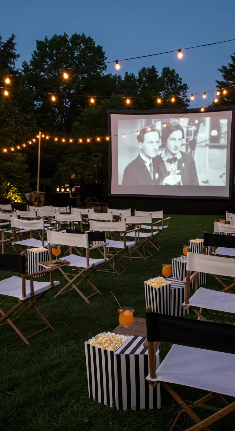 Cinéma en plein air avec des chaises de metteur en scène et du pop-corn.
