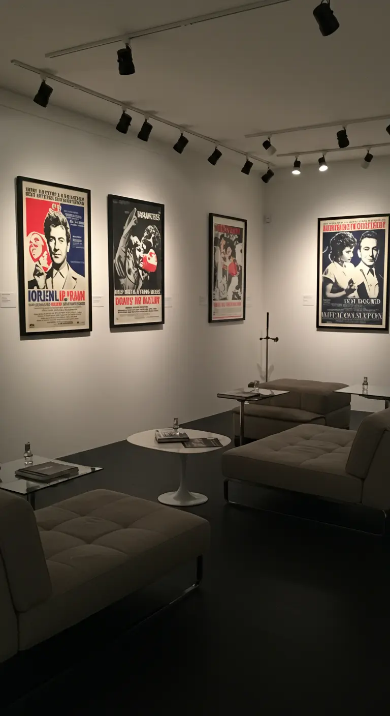 Salle minimaliste style galerie d'art avec des affiches de film encadrées et des chauffeuses.
