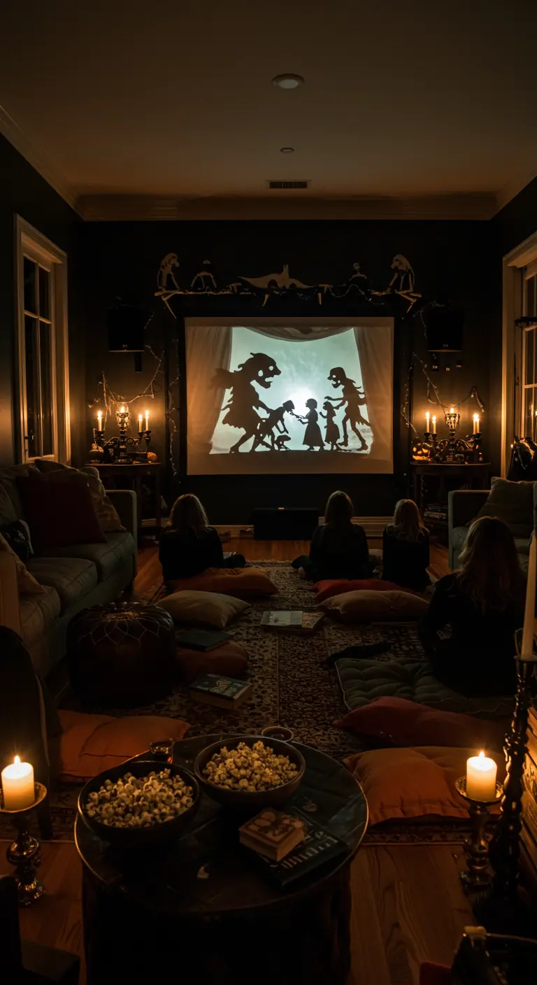 Soirée cinéma d'Halloween à la maison avec projection d'ombres chinoises.
