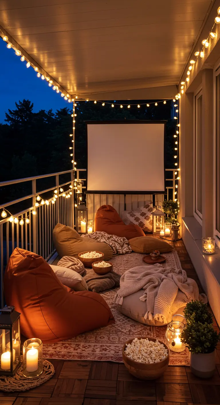 Balcon aménagé en cinéma en plein air avec écran, poufs, coussins, popcorn et guirlandes lumineuses.