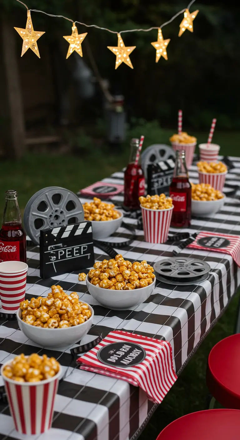 Table de pique-nique cinéma en extérieur avec guirlande d'étoiles et nappe à carreaux.