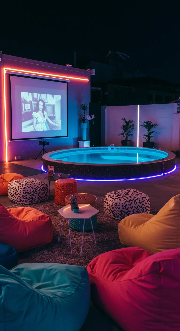 Piscine ronde avec projecteur mural, poufs colorés et néons lumineux pour soirée cinéma.