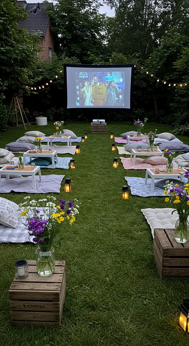 Projection de film en plein air dans un jardin, avec des spectateurs assis sur des coussins au sol.