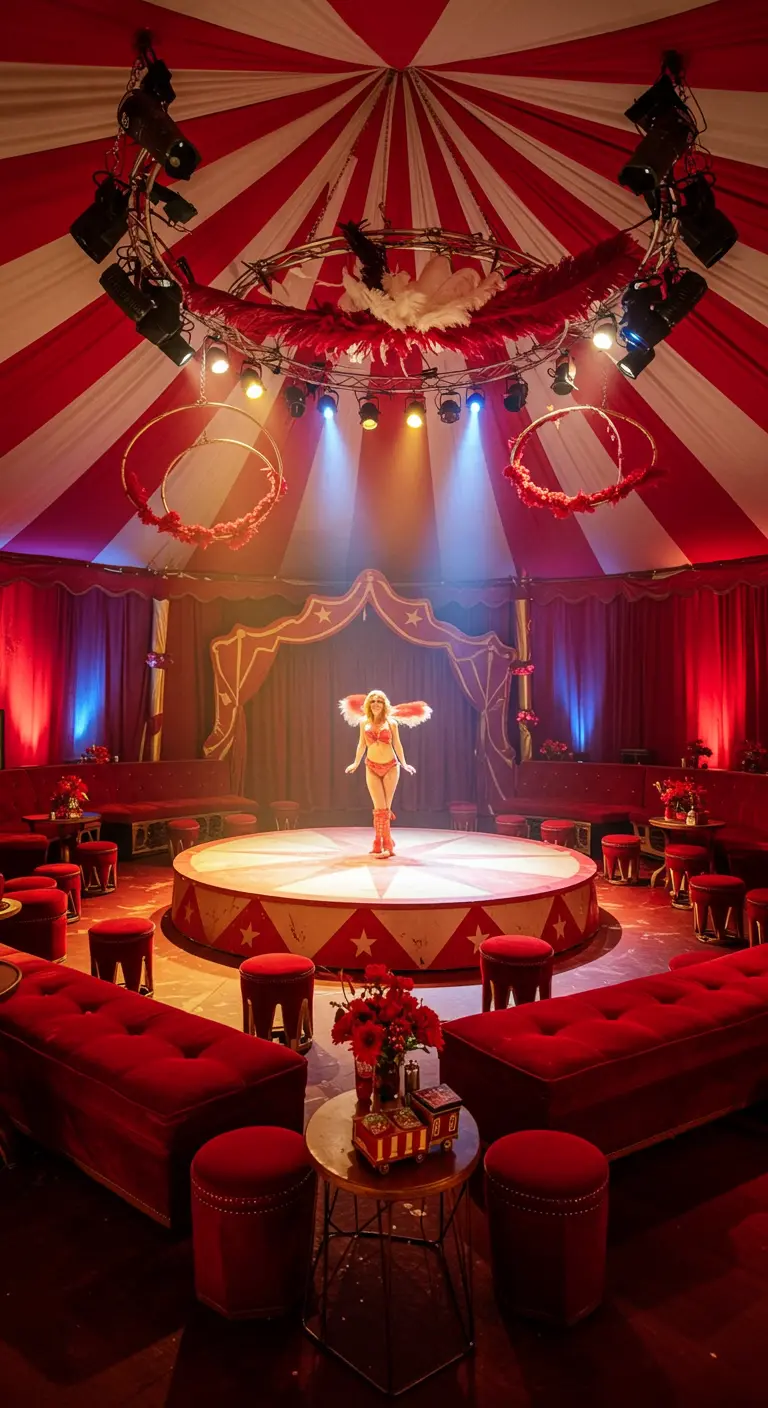 Scène de cirque avec chapiteau rayé rouge et blanc, artiste et sièges en velours rouge.