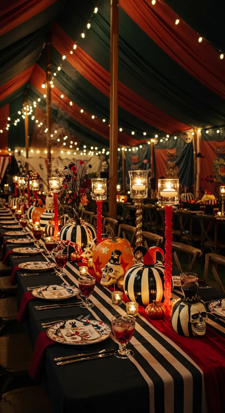 Longue table d'Halloween sous un chapiteau rayé, avec citrouilles, bougies et crânes