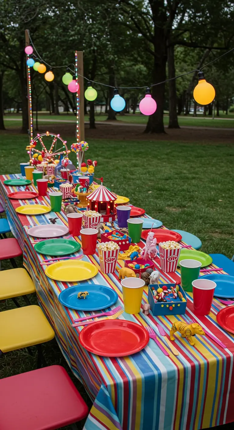 Table de cirque multicolore en plein air avec pop-corn, bonbons, figurines d'animaux et guirlandes de lampions.