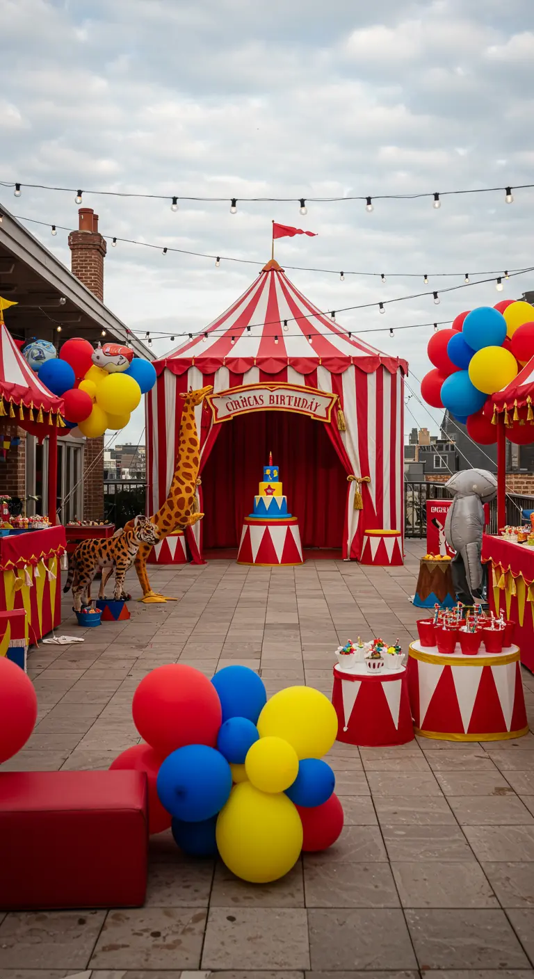 Terrasse avec grand chapiteau de cirque, ballons colorés et animaux géants.