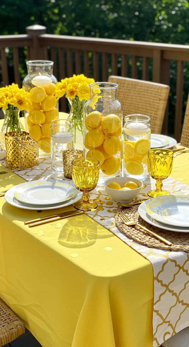 Table d'été joyeuse avec nappe jaune, citrons, fleurs jaunes et vaisselle assortie.