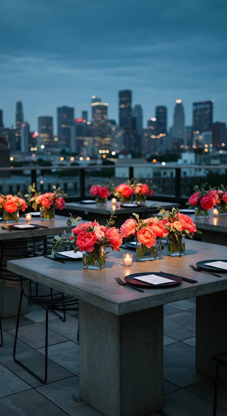 Table de dîner sur un rooftop urbain avec la ville en arrière-plan, pivoines corail et bougies.