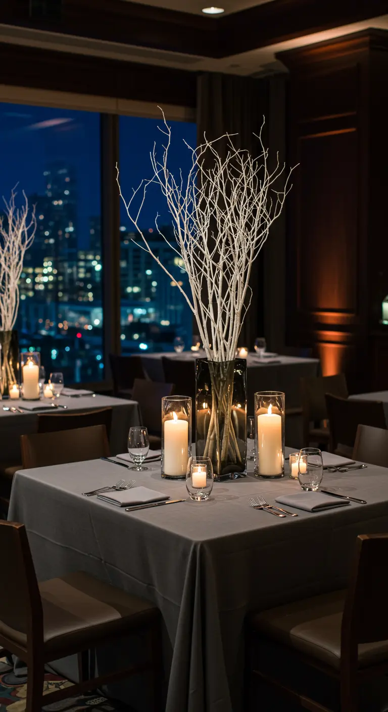 Table de dîner intime avec des branches blanches et des bougies, vue sur une ville illuminée.