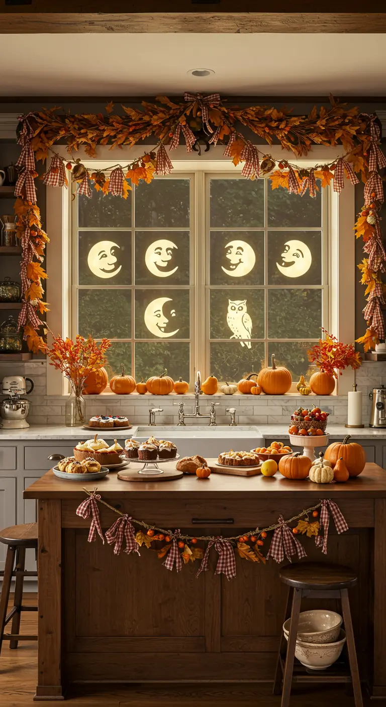 Fenêtre de cuisine avec silhouettes de lunes et hibou, guirlandes de feuilles et citrouilles.