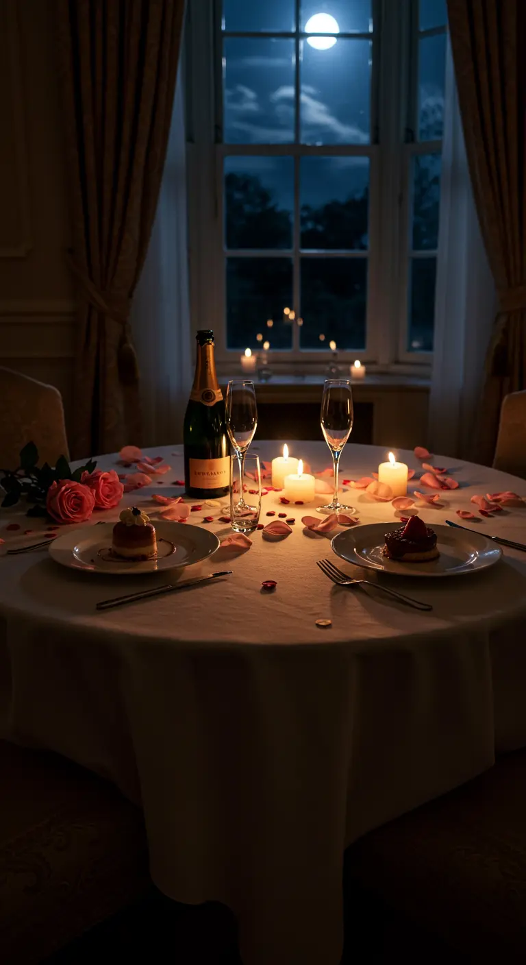 Table de dîner romantique éclairée par des bougies, avec la pleine lune visible par la fenêtre.