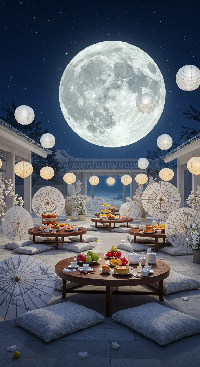 Fête de la lune en extérieur avec grande lune décorative, tables basses, ombrées blanches et lampions.