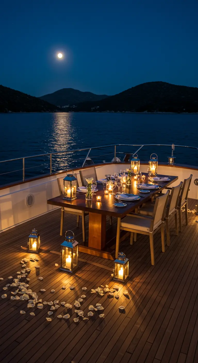 Table de dîner dressée sur le pont d'un yacht sous la pleine lune.
