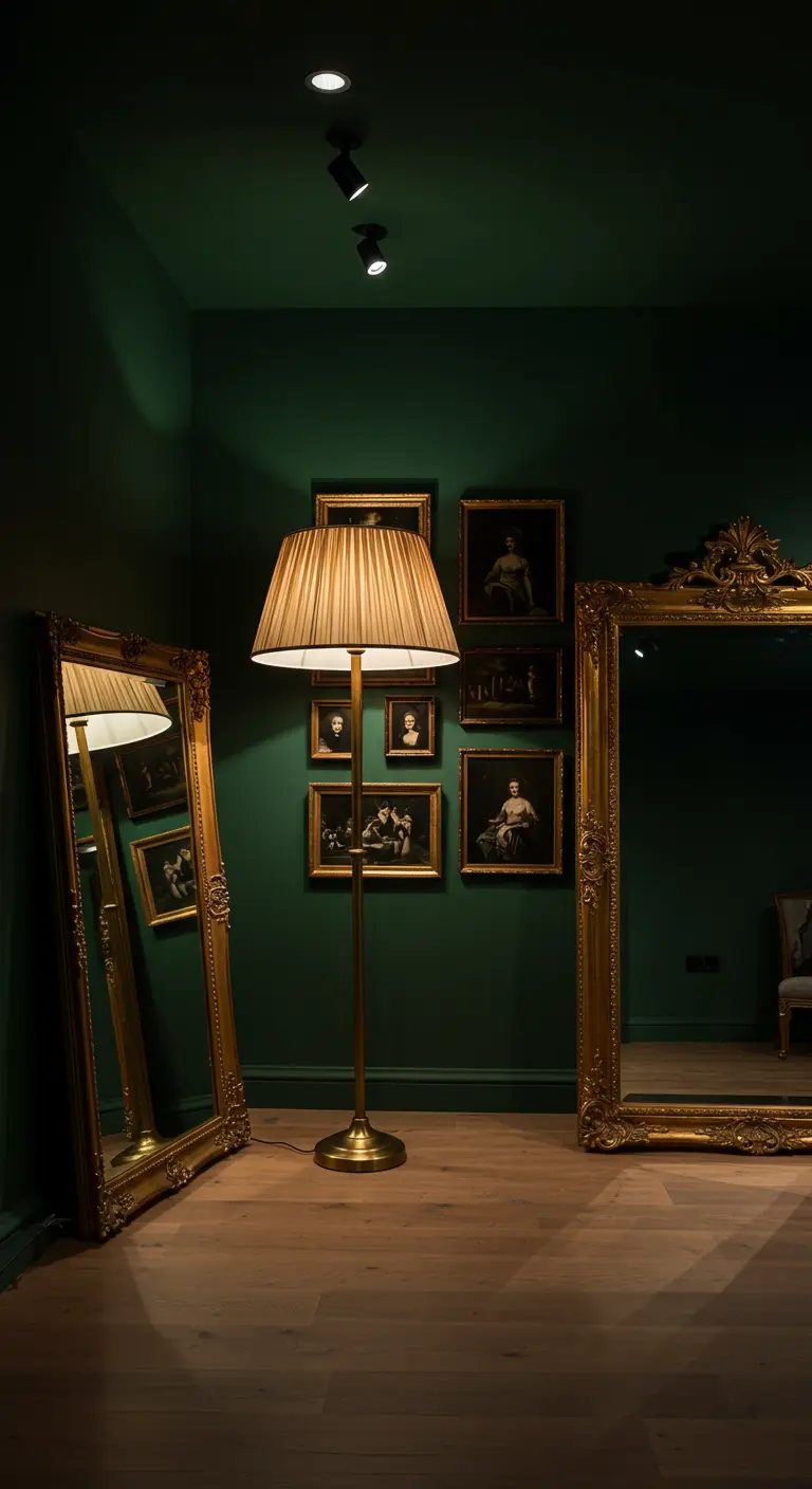 Pièce vert foncé avec miroirs dorés et un grand lampadaire classique.