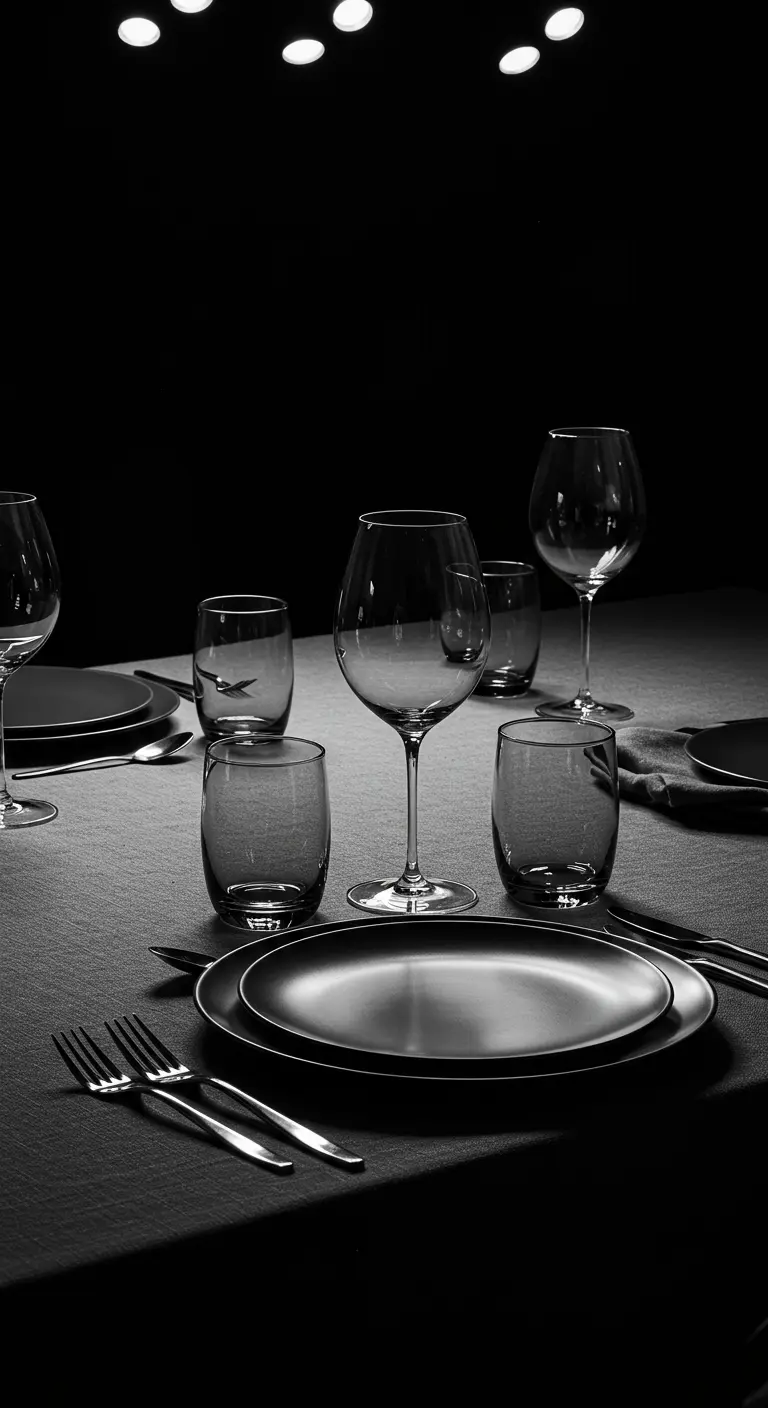 Verrerie et vaisselle sur une table sombre, éclairées de manière spectaculaire par le haut.