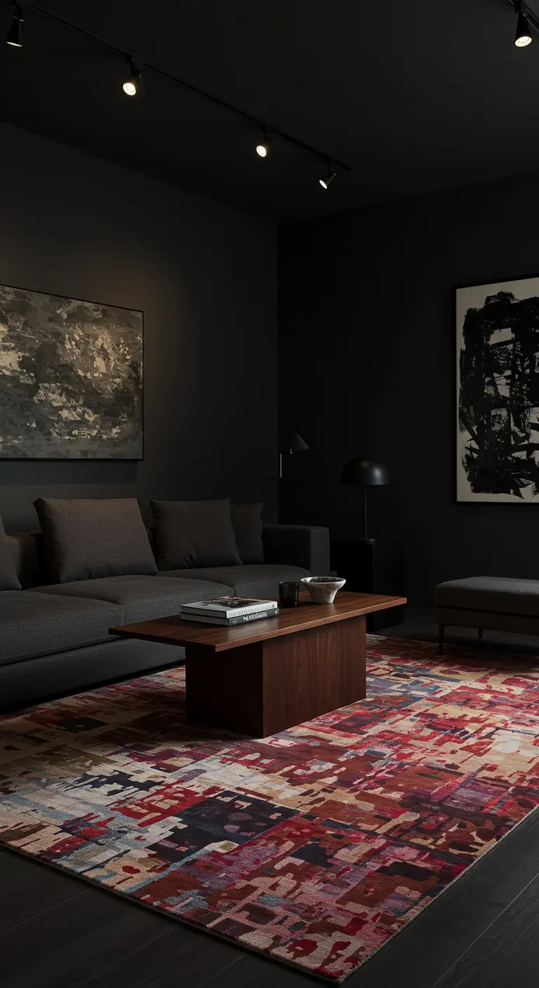 Salon sombre et chic avec murs noirs, canapé gris anthracite et tapis abstrait très coloré.