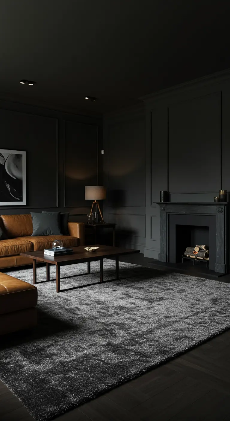 Salon très sombre avec un canapé en cuir et un tapis gris clair texturé au centre.