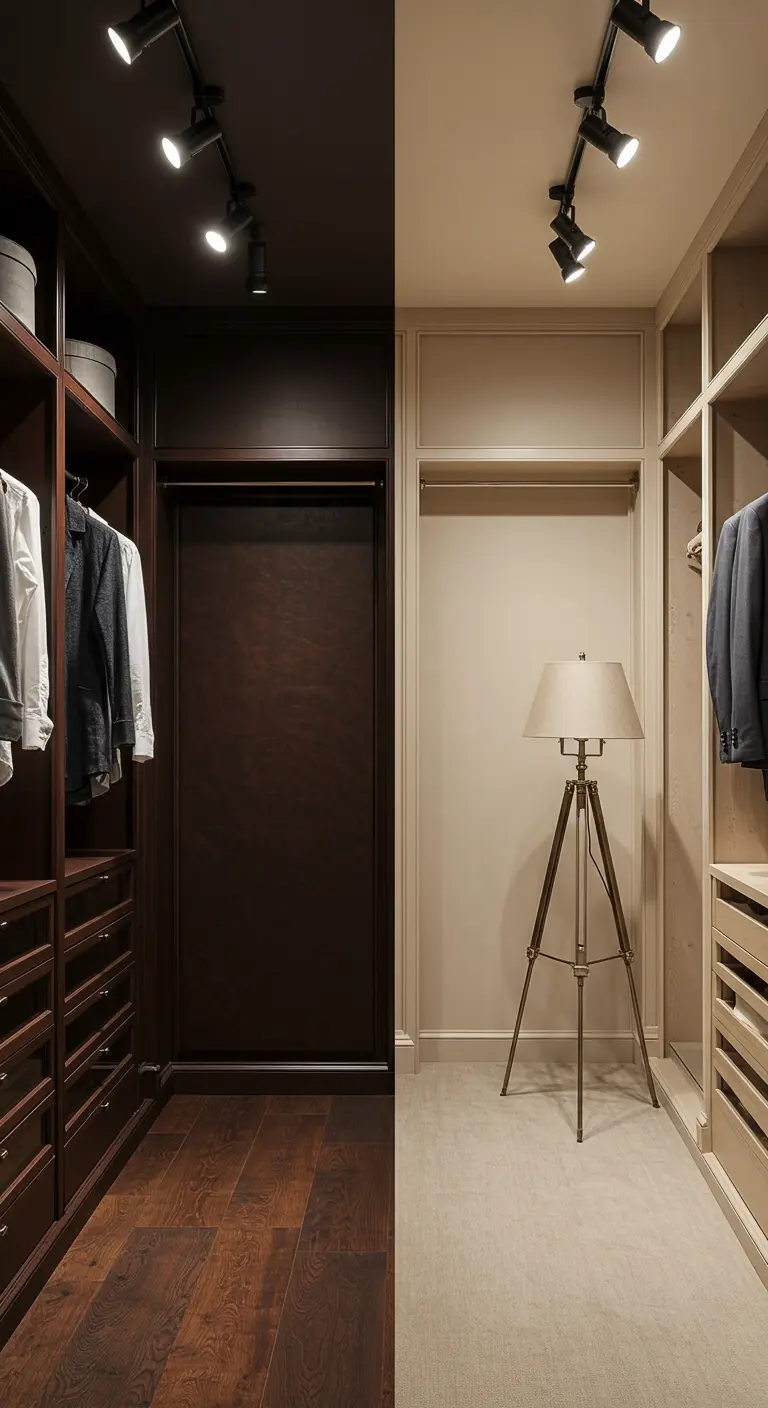 Montage de deux dressings, un foncé et un clair, avec un éclairage similaire.