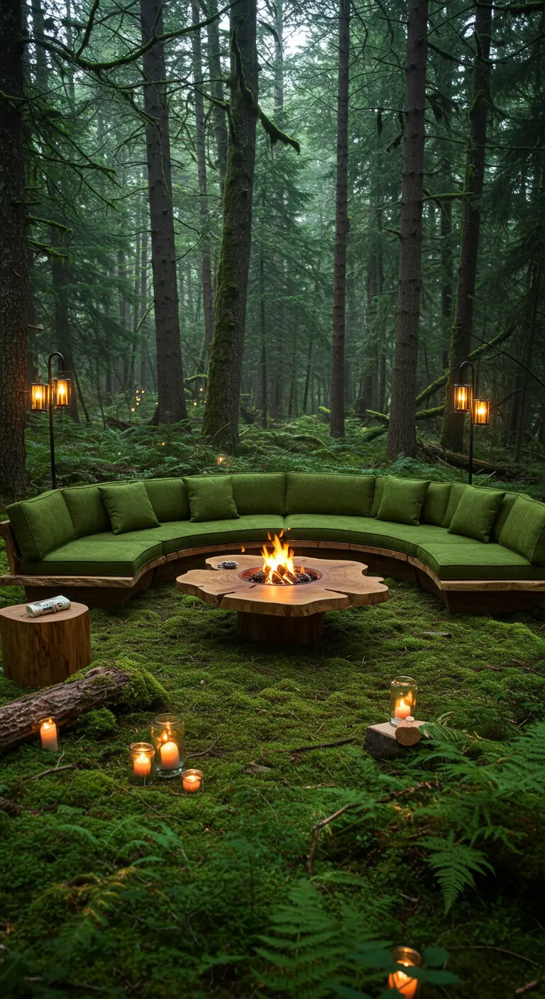 Canapé incurvé vert autour d'un feu de camp dans une forêt moussue.