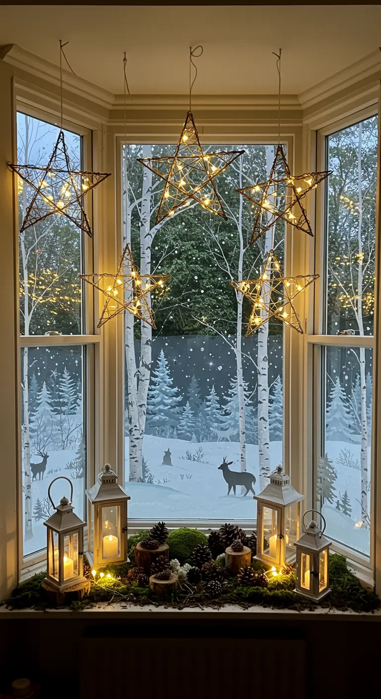 Fenêtre décorée d'un paysage de forêt enneigée, d'étoiles en bois et de lanternes.