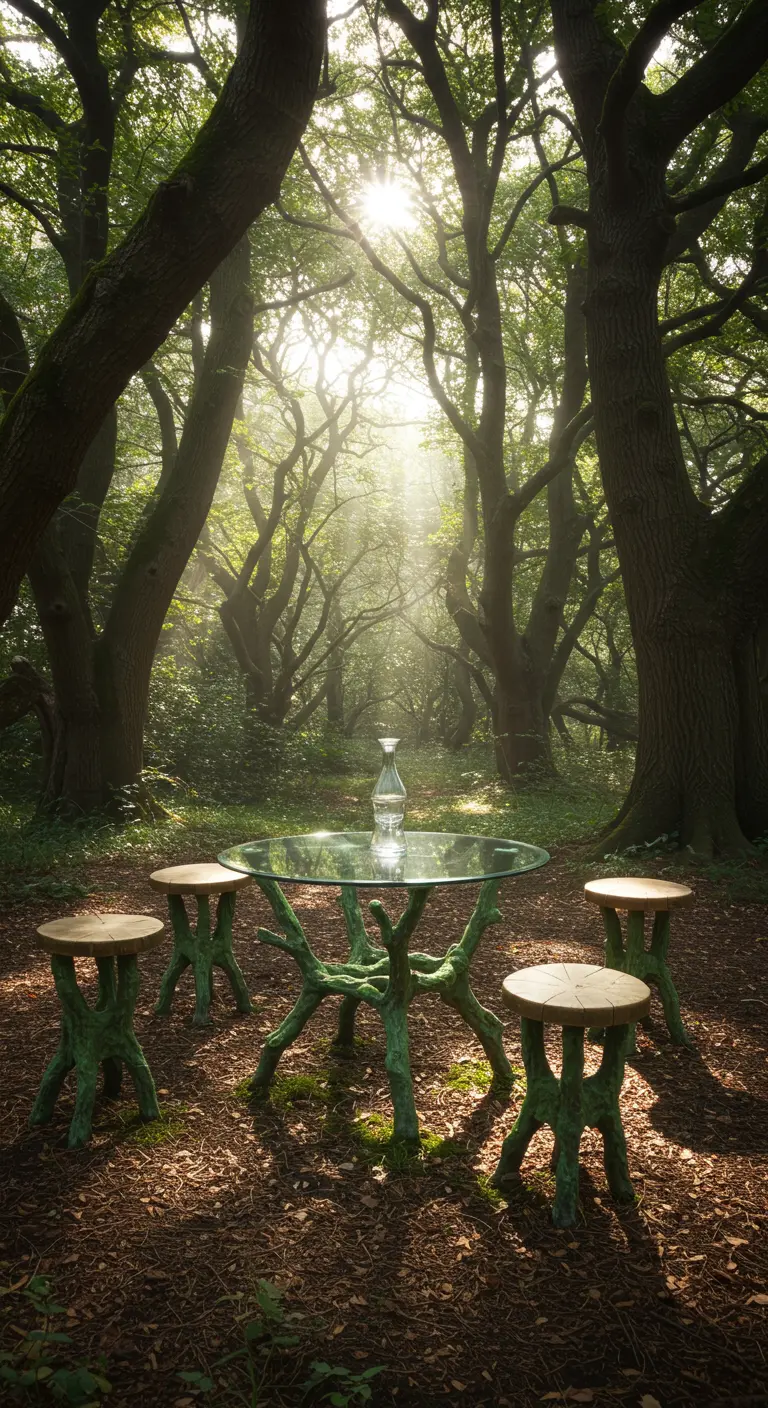 Table et tabourets féeriques en forme de branches dans une forêt ensoleillée.