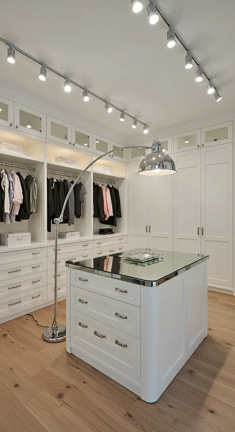 Grand dressing blanc avec de nombreux rails de spots et un lampadaire arqué.