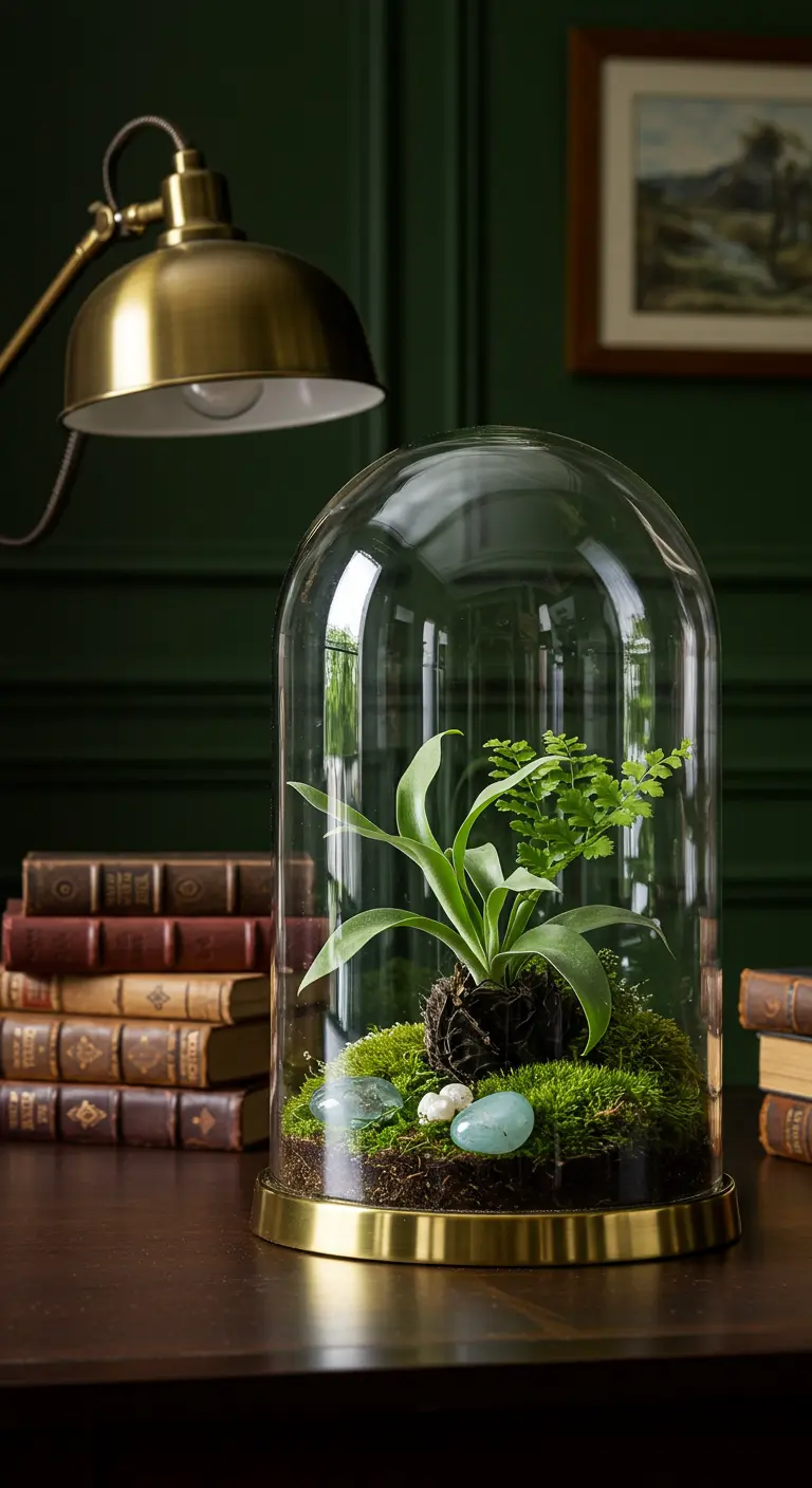 Terrarium sous cloche avec une fougère miniature, de la mousse et des pierres, sur un bureau en bois.