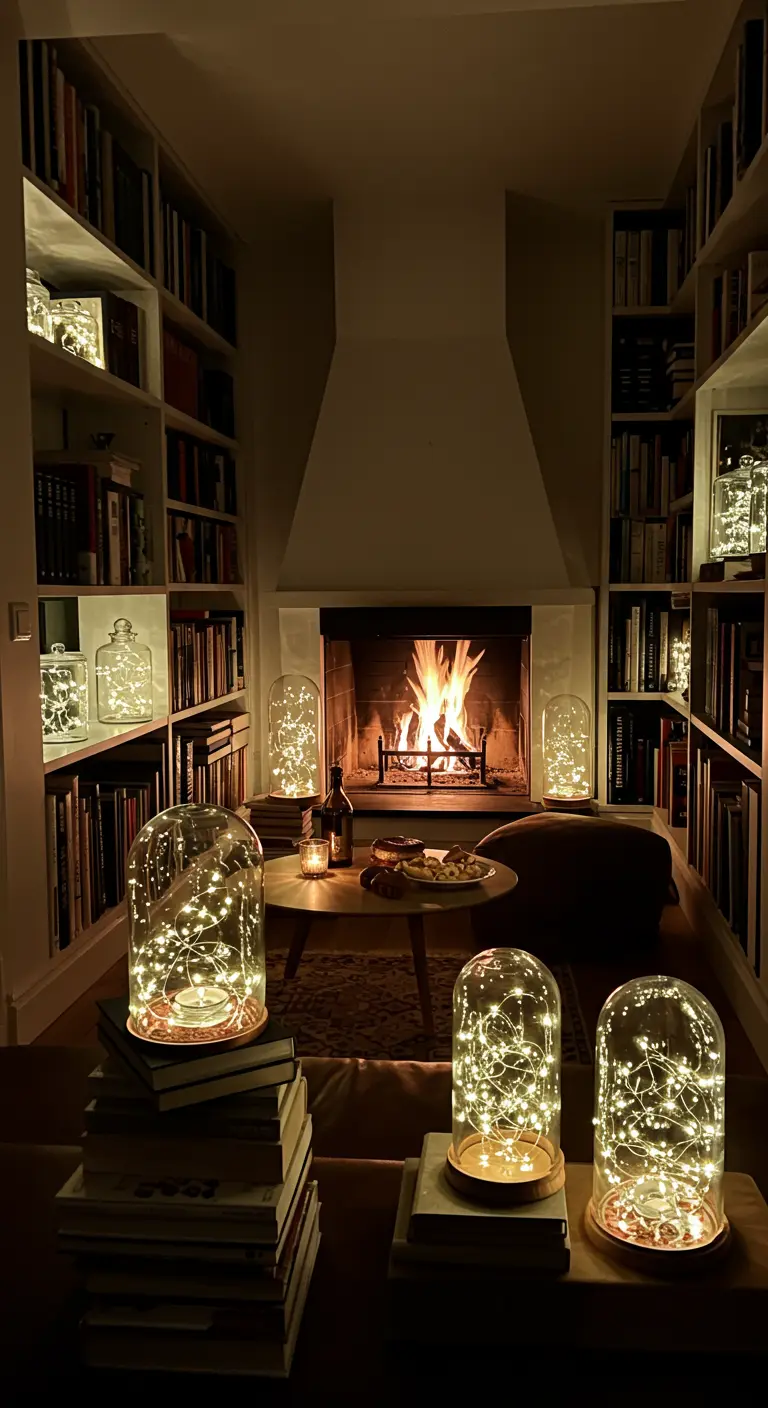 Bibliothèque cosy avec une cheminée, éclairée par des guirlandes sous cloches en verre.