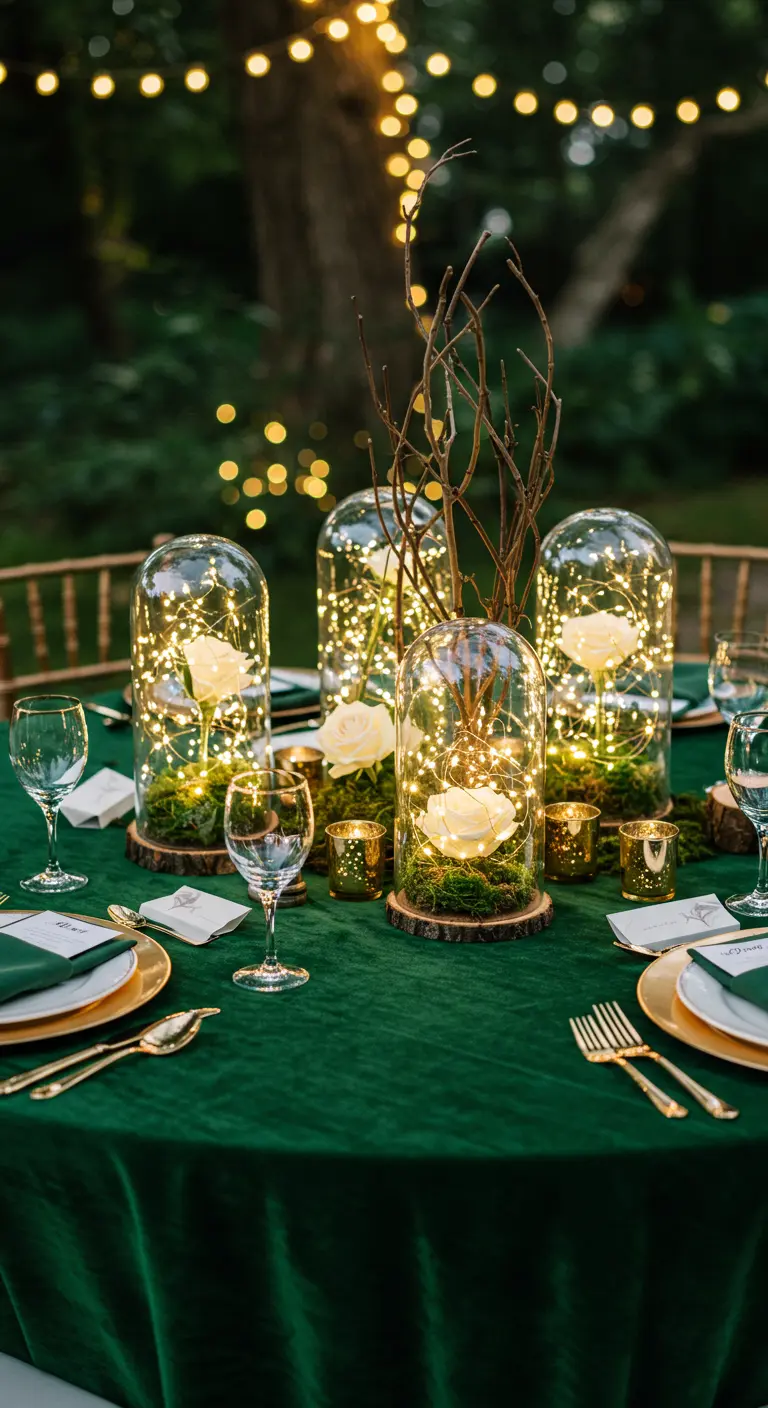 Table de dîner romantique avec des cloches en verre abritant des roses et des lumières scintillantes.