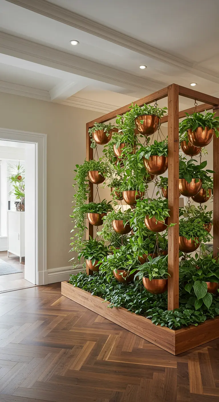 Grande cloison végétale en bois avec de nombreux pots cuivrés et plantes vertes dans une entrée spacieuse.