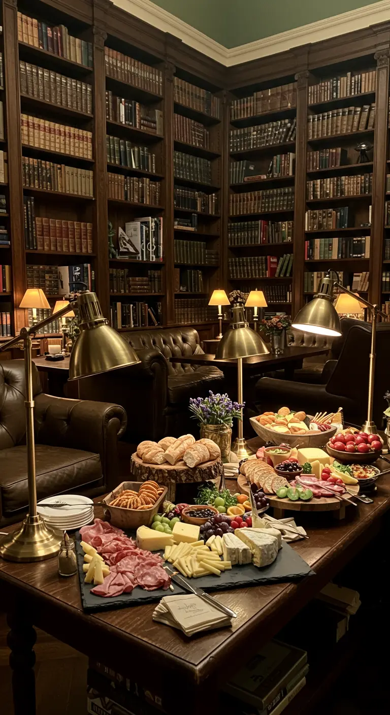 Buffet intime dans une bibliothèque, fauteuils en cuir, lumières chaudes, planche de charcuterie.